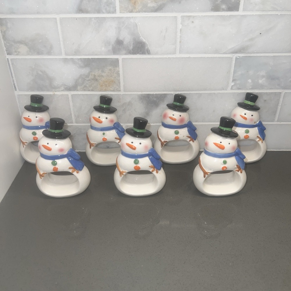 Set of 7 Holiday Inspirations Vintage 2007 Ceramic Snowmen Napkin Rings